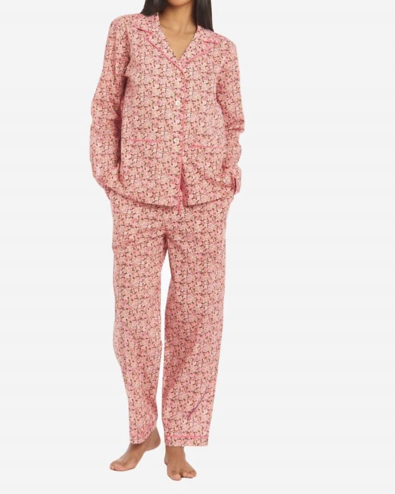 Front of a model wearing a size XL Liberty Print Floral Cotton Classic Long Pj Set in Anoki Rose in Anoki Rose by The Sleep Code. | dia_product_style_image_id:336212